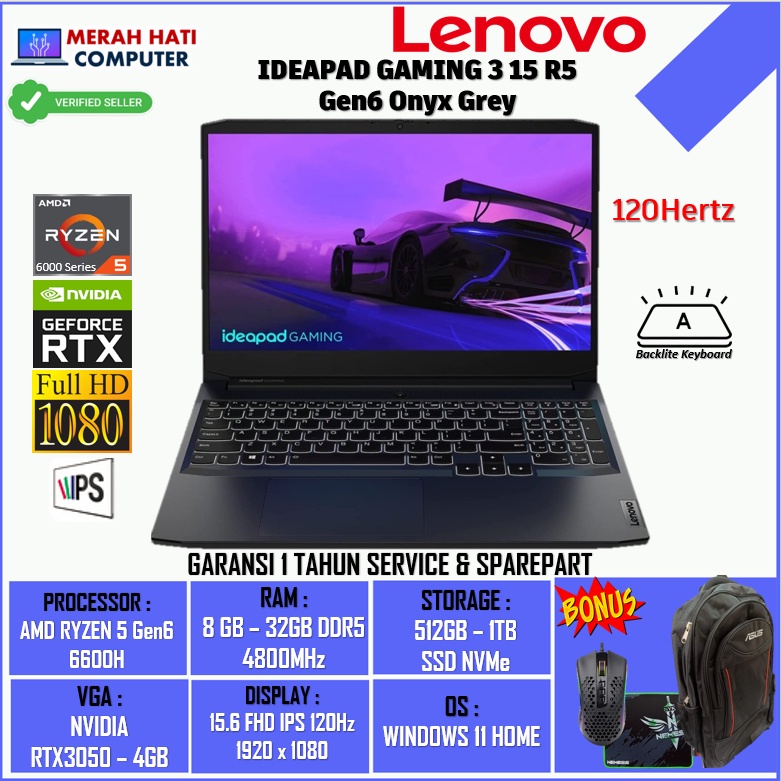 Laptop New Gaming Lenovo Ideapad Gaming 3 15 AMD Ryzen 5 6600H 16GB 1TB RTX3050-4GB 15.6FHD IPS 120HZ BL WIN11HOME ONYX GREY