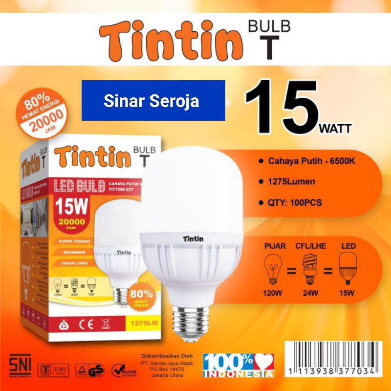 Bohlam Lampu LED Tintin 15 Watt Paket 10 Pcs Murah