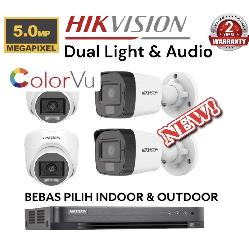 paket camera cctv 4 kamera hikvision 5mp dual light colorvu + audio build built in mic 4 channel ch bisa rekam suara 4ch