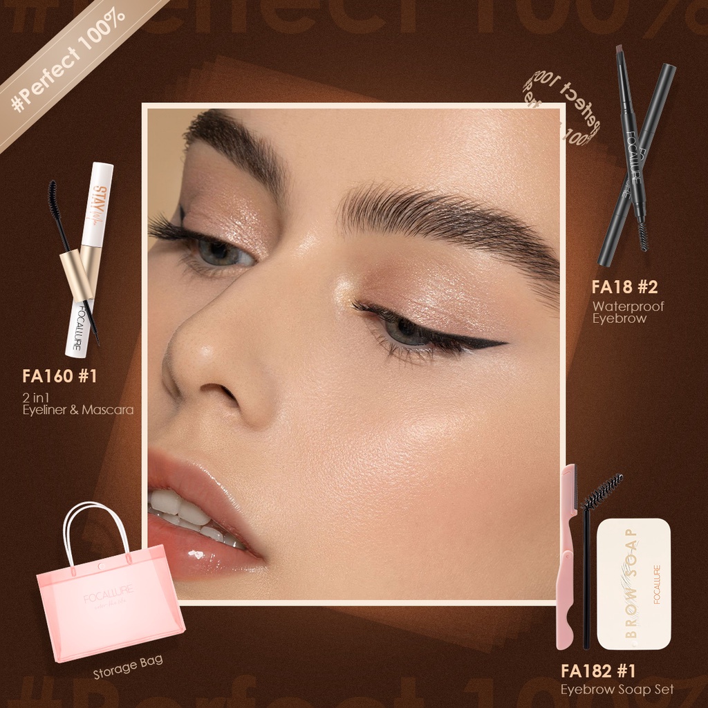 FOCALLURE 3PCS Eye Makeup Kit Waterproof Long-lasting Eyebrow + 2 in 1 Mascara &amp; Eyeliner+ Eyebrow soap