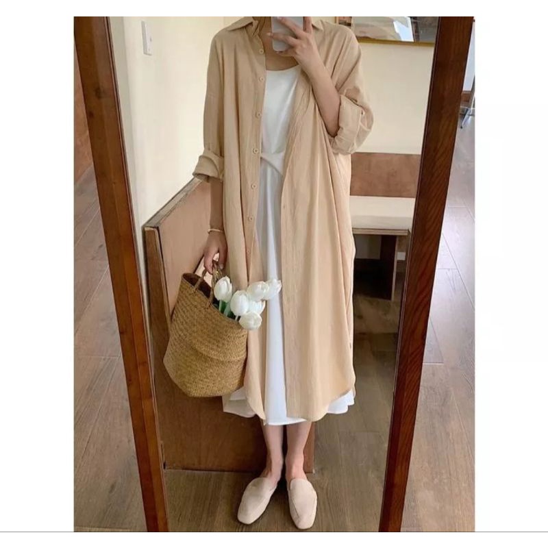 Chintya Long Tunik Crinkle Airflow | Tunik Kemeja Basic Outher Wanita Korea | Baju Atasan Wanita | Outfit Remaja&amp;Dewasa Bahan Crinkle