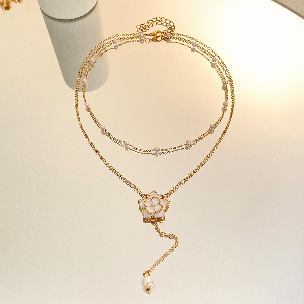 Kalung Dua Lapis Camellia Putih Korea Fashion Mutiara Lipat Kalung Wanita Temperamen Kalung Rumbai Manis