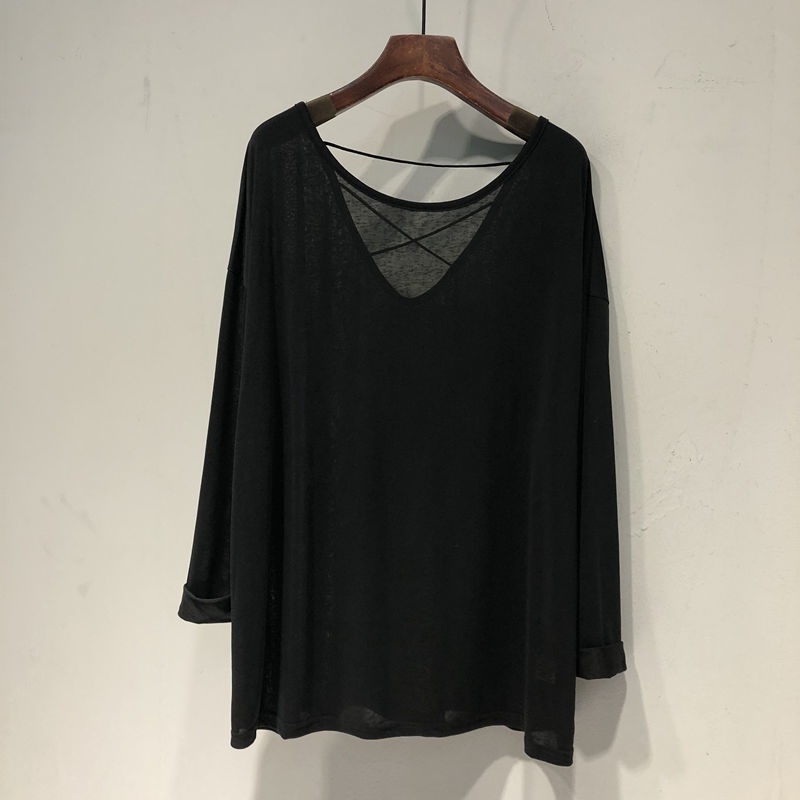 Red Ukuran besar wanita warna solid back cross backless lengan panjang t-shirt penutup perut wanita longgar malas mid-panjang perlindungan matahari top