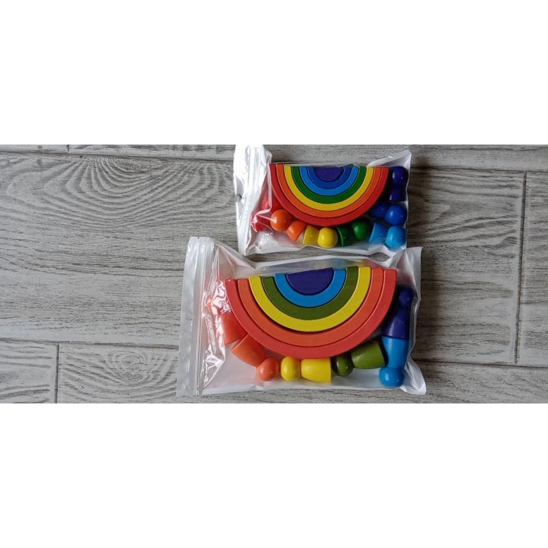 WE Mainan Montessori Wooden Rainbow Block + Peg Doll Balok Pelangi