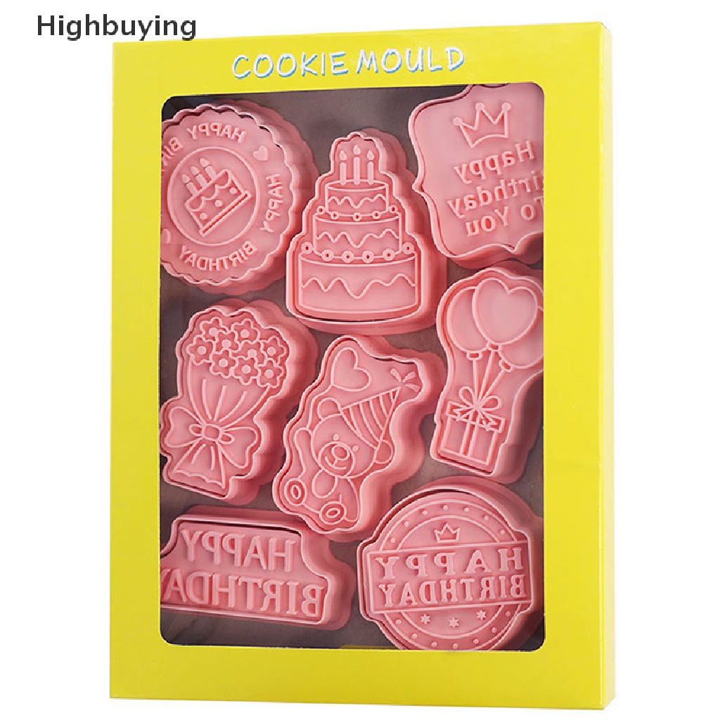 Hbid 8Pcs/Set Ulang Tahun Tema Cookie Pemotong Plastik 3D Pressable Biskuit Cetakan Cookie Cap Dapur Baking Alat Pesta Ulang Tahun Anak Dekorasi Glory
