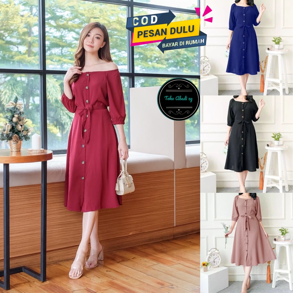 Freya Atasan Wanita Dress Midi Busui Fredly Korea Kasual Tunik Polos Full Kancing Tali Samping Dress sabrina