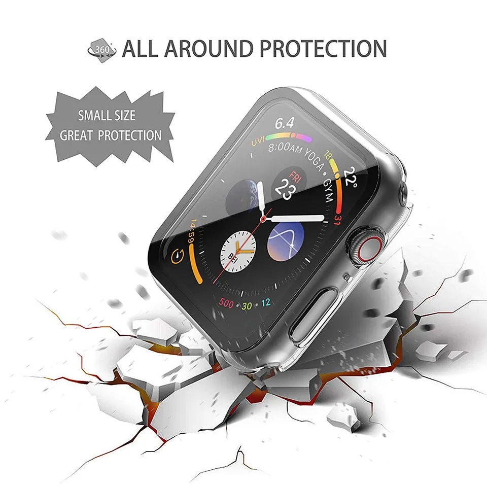 HARD Case Tempered Glass Anti gores Screen Guard 2in1 Clear Apple Watch 38mm 42mm 40mm 44mm 41mm 45mm Case Cover Casing Series 1 2 3 4 5 6 7 8 se