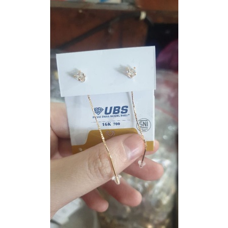 anting tusuk solitaire panjang desi permata putih emas asli 70% 700 16k