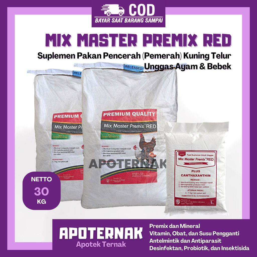 MIX MASTER PREMIX RED 30 kg | Suplemen Pakan Pemerah Pencerah Kuning Telur Unggas Ayam dan Bebek