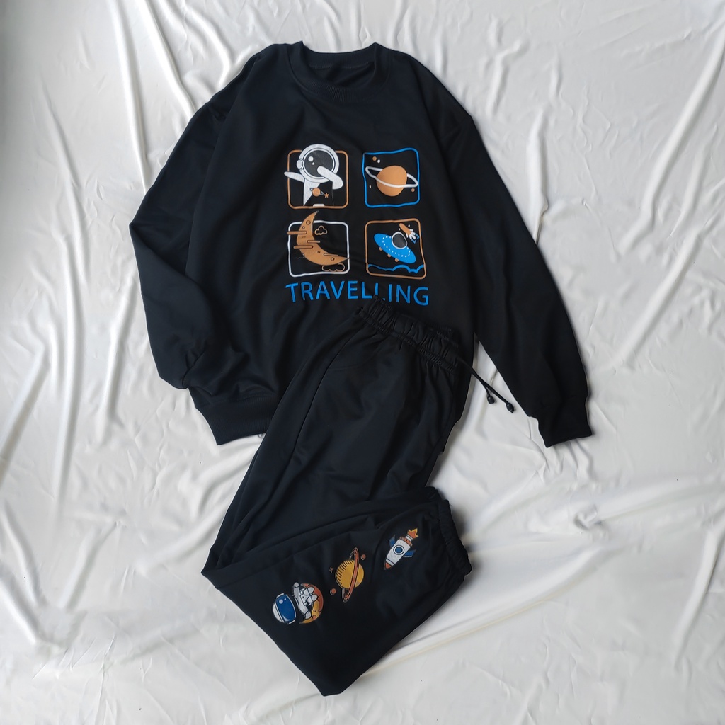 Sporty Sett Sweater &amp; Jogger Space Travel Wanita Dan Pria - Setelan Unisex