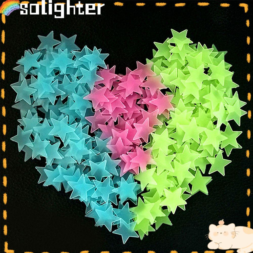 Solighter 100Pcs Bercahaya 3D Bintang DIY Kamar Langit-Langit Bersinar Stiker Dinding