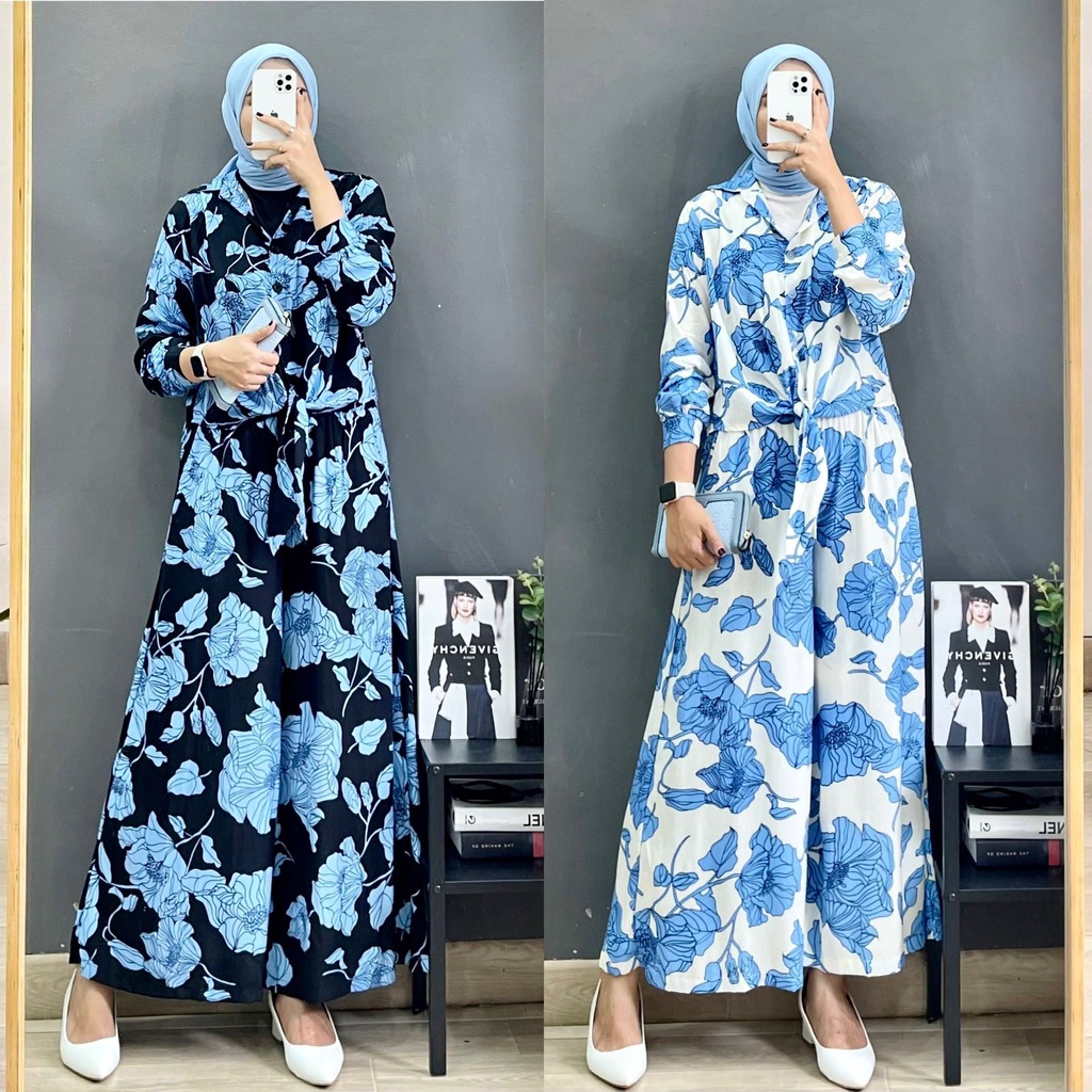 Setcel Kulot Motif Bunga Biru Bahan Rayon