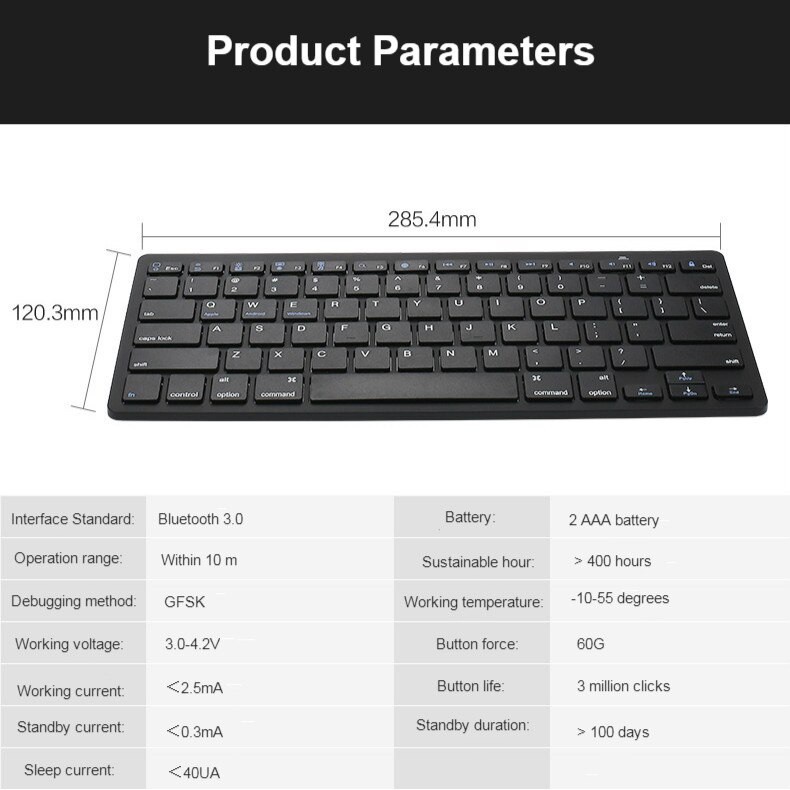 AKN88 - BK3001 - Universal Bluetooth 3.0 Wireless Keyboard - Battery Powered