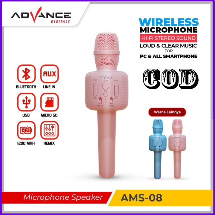 NEW Mic Wireless Bluetooth Karaoke Player Microphone Advance AMS-38 - pink BERGARANSI RESMI