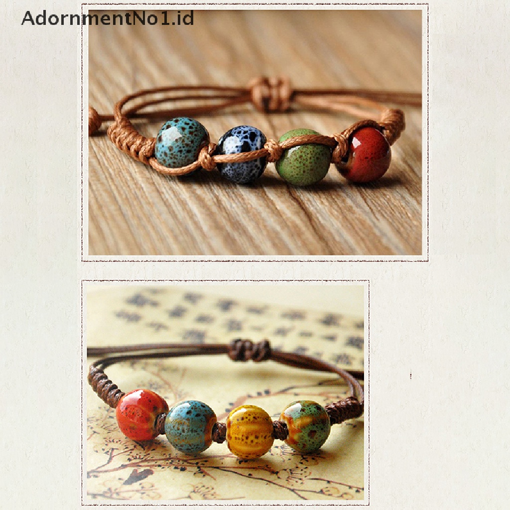 [AdornmentNo1] Kasual Gaya Etnik Fashion Keramik Manik-Manik Dainty Gelang Untuk Wanita Pria Bangle Adjustable Handmade Manik-Manik Keramik Wax Rope Bracelets [ID]