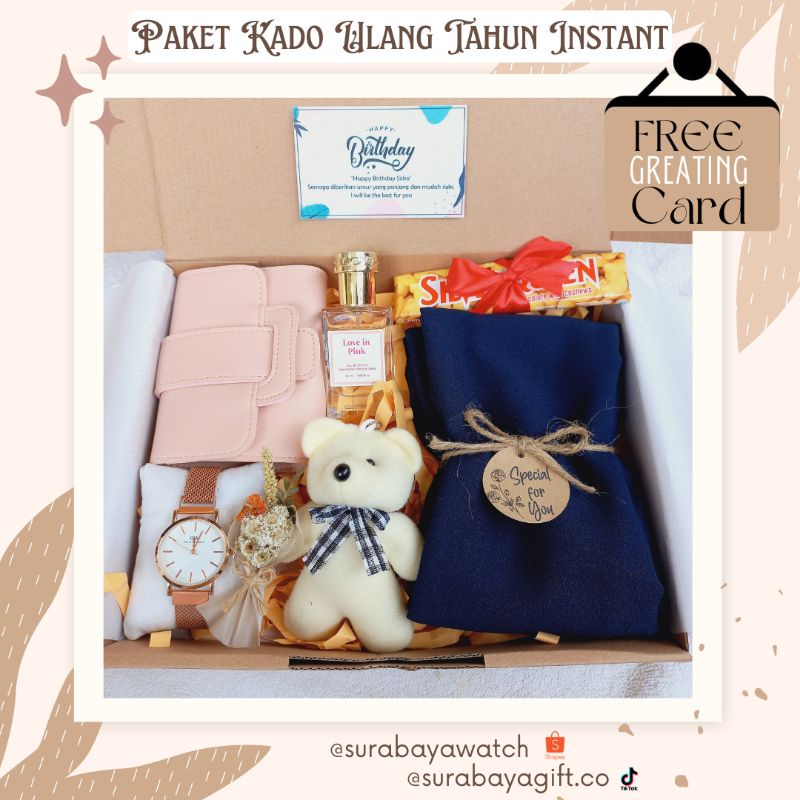

Paket Gift Box Cewek Hampers Ulang Tahun Paket Kado Wisuda Coklat Silverqueen Dompet Pashmina Hijab Gantungan Kunci Ucapan Anniversary Buket Bunga Wisuda Graduation Kartu Ucapan