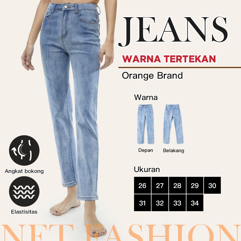 Orange Celana Jeans Hightwaist Warna Denim Celana panjang ( KZ1005 )