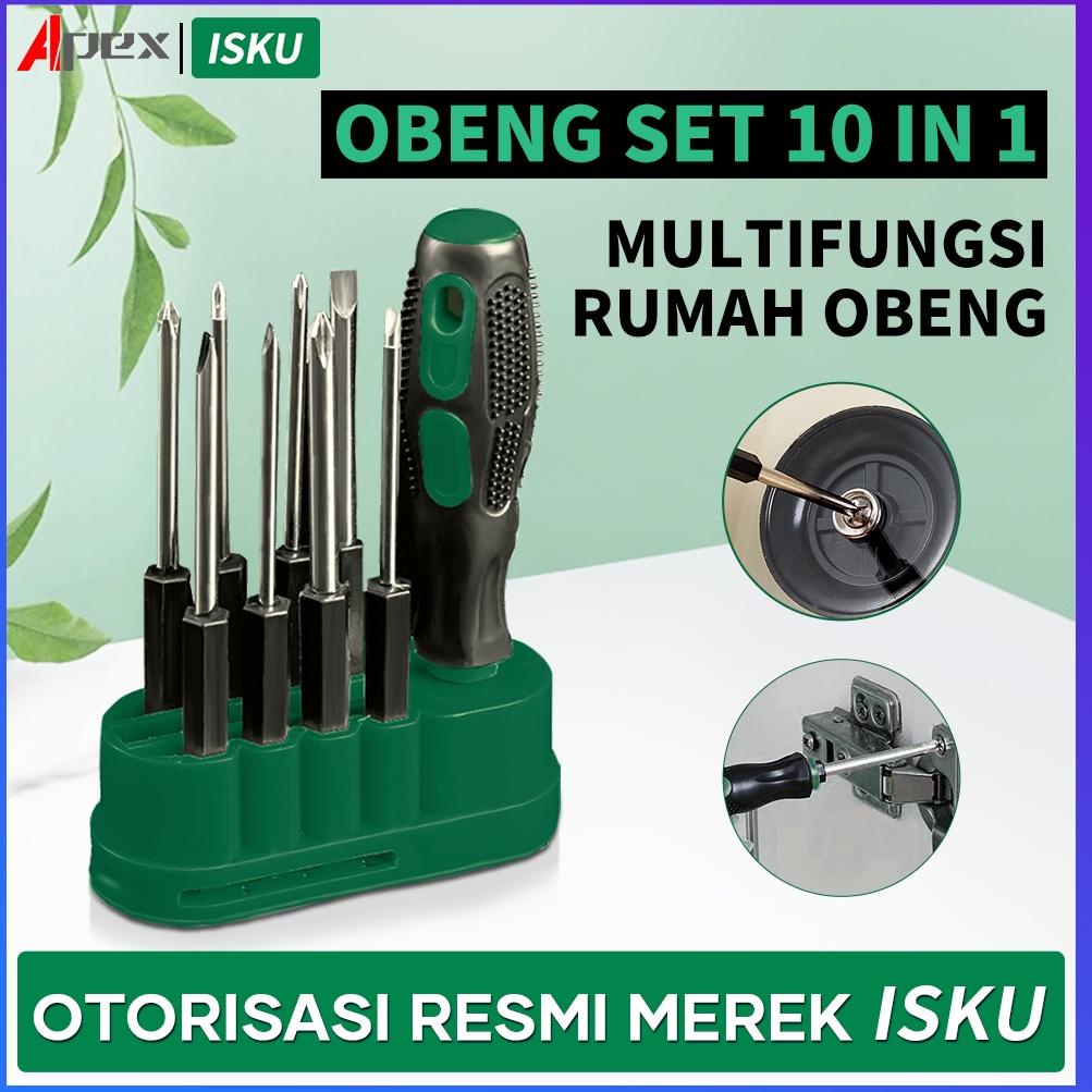 ISKU 10 in 1 Obeng satu set komplit serbaguna isku ori murah magnet/obeng kembang/obeng hp full set 