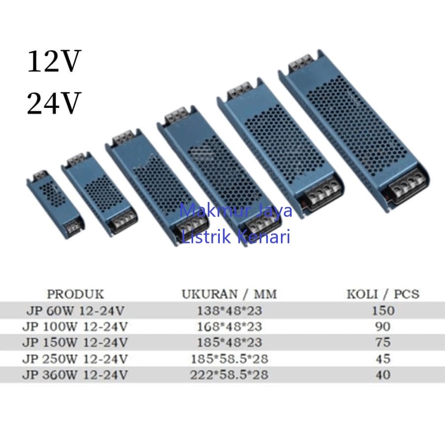 Travo Slim / Adaptor / Power Supply jaring 12V - 24V 5A 60W 100W 150W 250W 360W