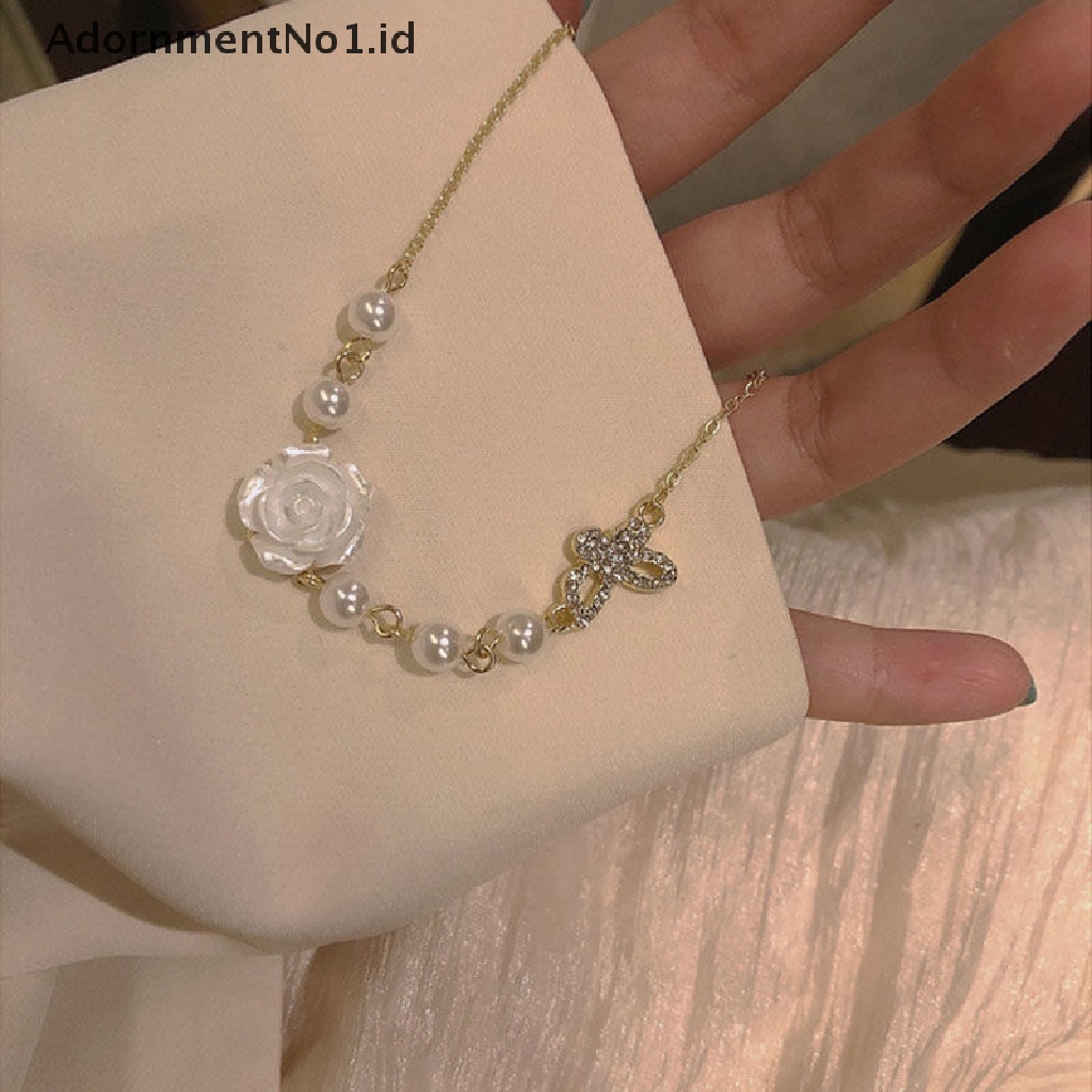 [AdornmentNo1] 1pcs/pasang Fashion Indah Sederhana Kalung Rantai Mutiara Dengan Liontin Bunga Kupu-Kupu Serbaguna Cahaya Rasa Tinggi Anting Ch Perhiasan Leher Wanita [ID]