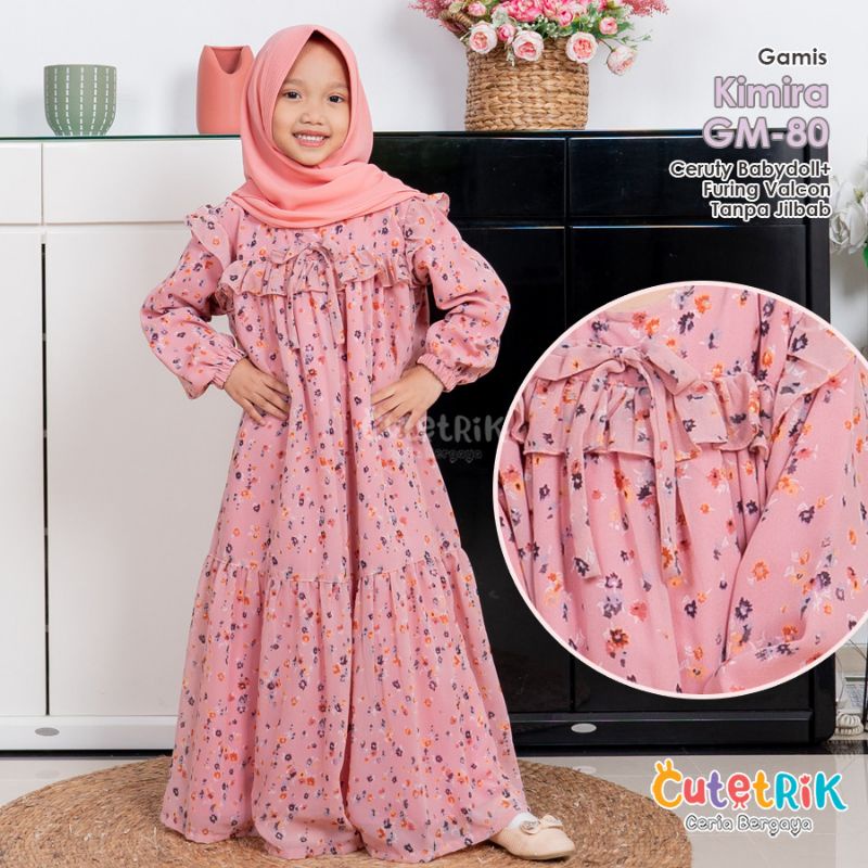 Kimira Gamis Cutetrik Baju Muslim Anak Cewek Tanpa Jilbab Motif Bunga Warna Pink Salmon Bahan Ceruti