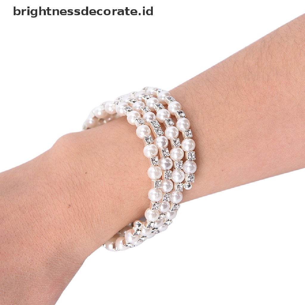 [Birth] Kristal Mutiara Multilayer Lebar Elastis Manset Gelang Bangle Wristband Perhiasan [ID]