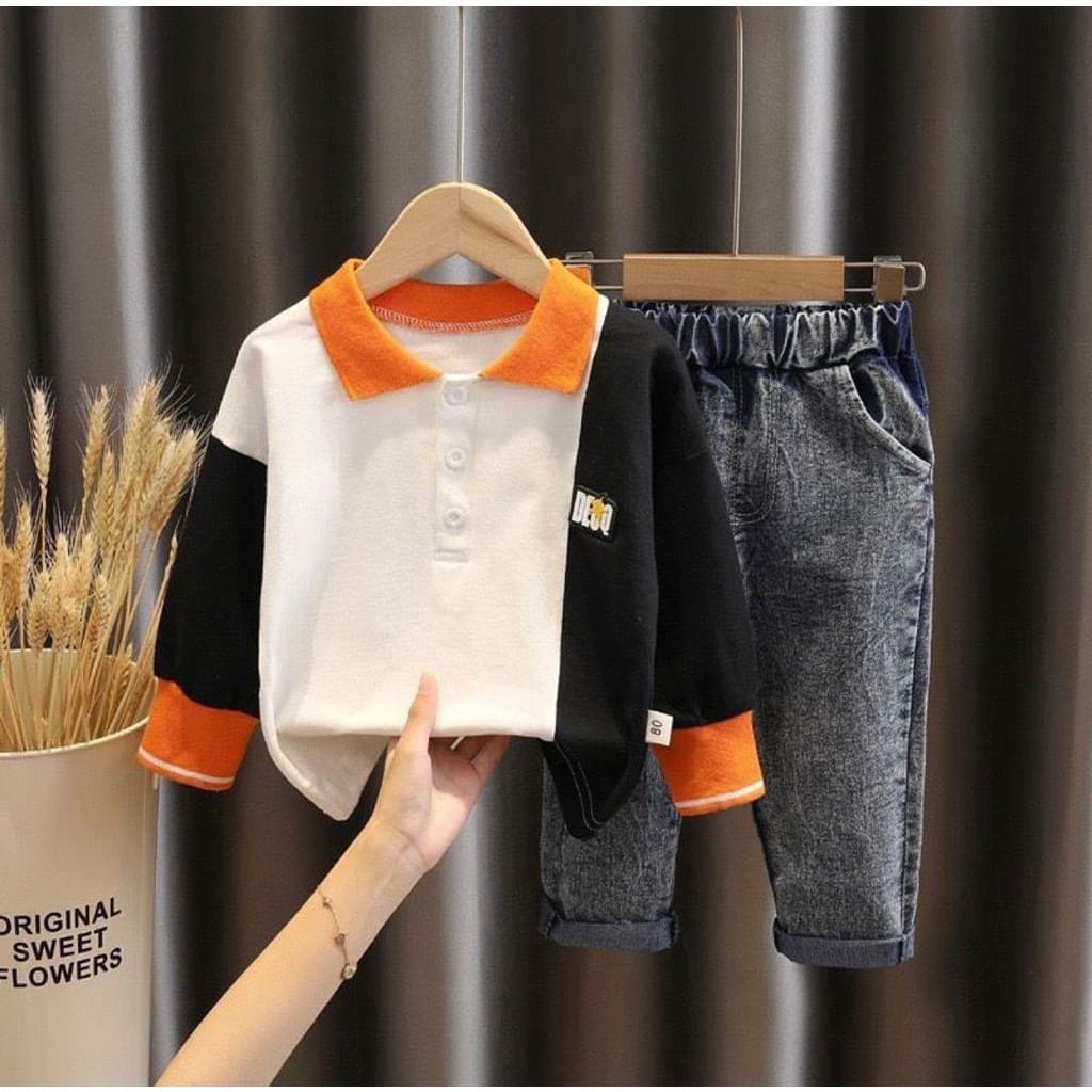 Setelan Baju Anak Laki-Laki Baju Krah Celana Jeans Panjang Musim Dingin Pakaian Anak Kekinian