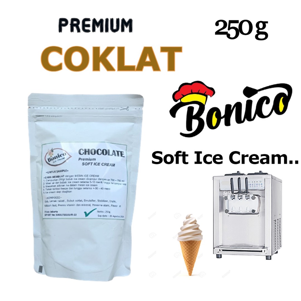 

BONICO COKLAT SOFT ICE CREAM POWDER 250g CHOCOLATE cokelat serbuk bubuk tepung es krim ice cream maker otomatis cokelat softmix soft serve Halal Produsen distributor grosir