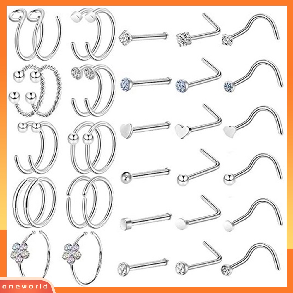 [oneworld] 36 Pcs Unisex C Bentuk Berlian Imitasi Hidung Cincin Stud Tindik Tubuh Kit Perhiasan Hadiah