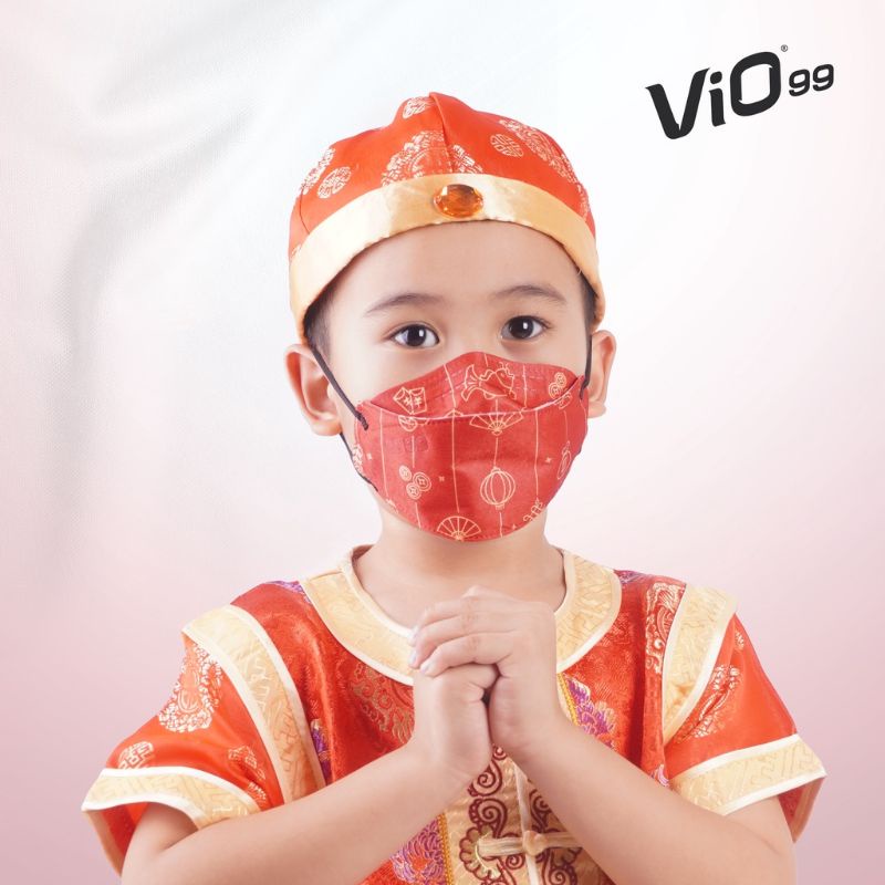 20PCS MASKER ANAK IMLEK KF94 4PLY EARLOOP MOTIF WARNA MERAH DAN HIJAU SATIN PREMIUM VIO99 CNY CHINES