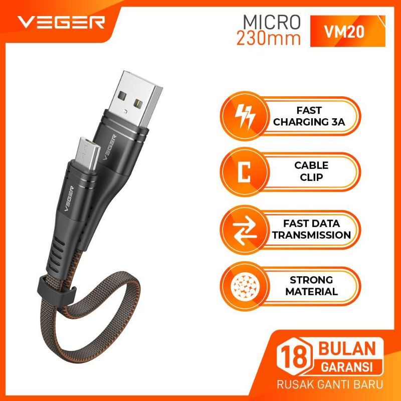 Kabel Data Cable Charger Veger VM20 USB Micro 23cm Fast Charging