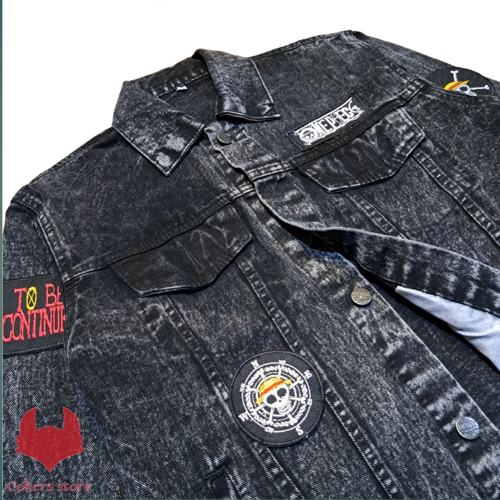 Jaket Jeans Denim Bordir Emblem Pria - ANIME ONE PIECE SANDWASH HITAM