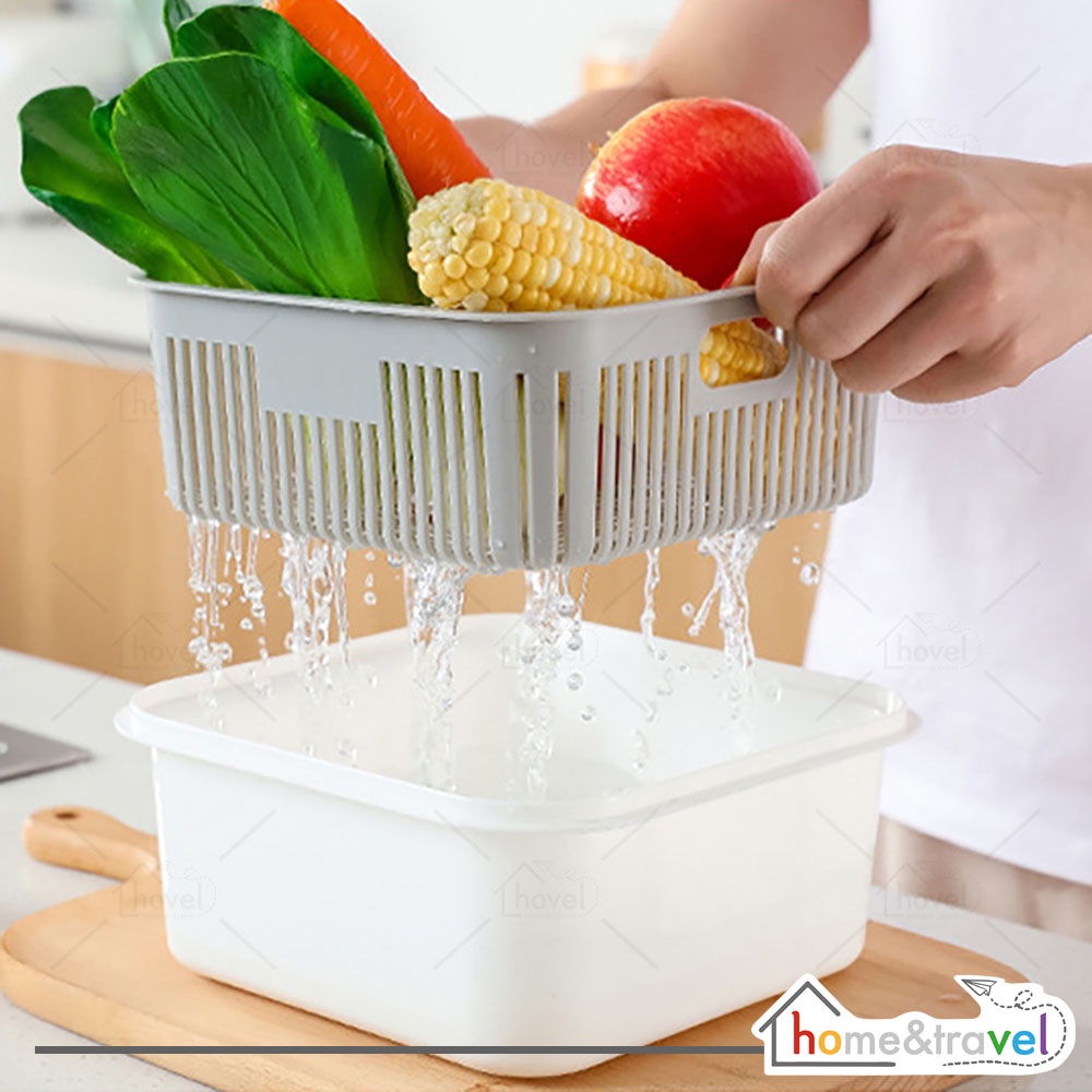 HOVELSHOP Wadah Peniris Sayur Buah Keranjang Saringan Sayuran Food Storage Box  2 in 1 Serbaguna