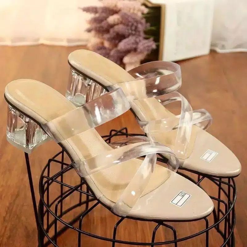 Sandal Heels Wanita Hak Kaca 5 cm Tali Jelly Silang AM-10