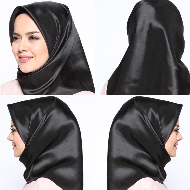 Kerudung Saten Segiempat Bahan Satin Velvet Hitam jahit neci | Jilbab Segi empat Satin Hitam 105 x 105cm