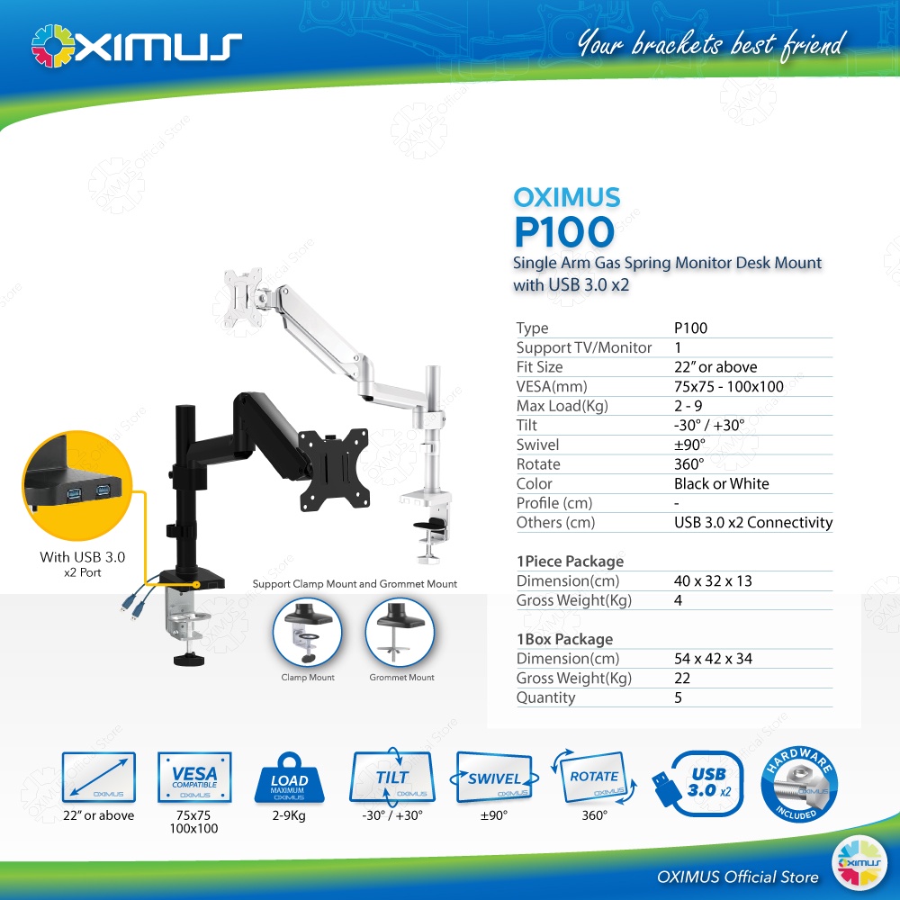 BRACKET MONITOR GAS SPRING OXIMUS P100 TILT SWIVEL ROTATE USB 3.0 x2