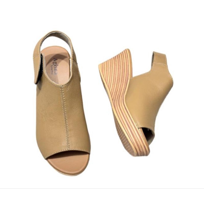 sandal tali kulit sapi untuk wanita tinggi 7cm sol marmer karet ringan wedges sandal wanita terbaru cantik murah berkualitas