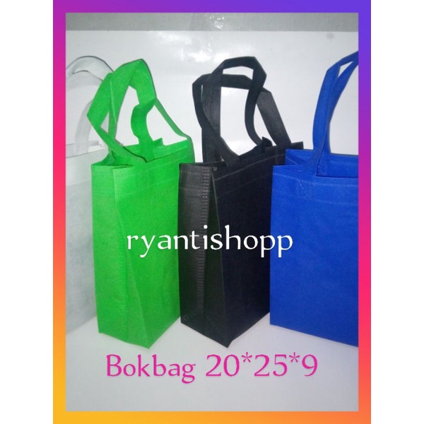 Tas Spunbond 75gsm model bok bag UK (20x25x9cm) dengan 2 lipatan samping dan bawah / tote bag