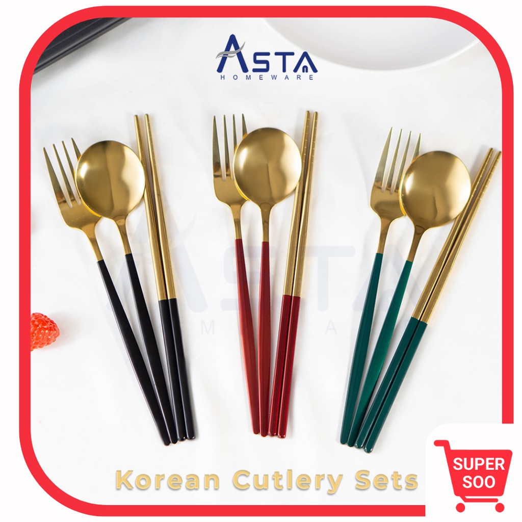 Set Alat Makan Korea Tebal Stainless Steel Tebal / Korean Cutlery Set / Set Alat Makan Korea Sendok Garpu Sumpit