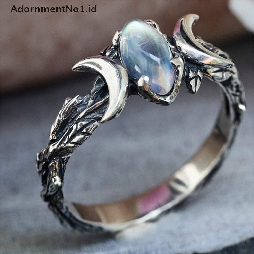 [AdornmentNo1] Fashion Vintage Perak Bohemian Perhiasan Natural Moonstone Gemstone Moon Ring Pesta Pertunangan Pernikahan Jewelry Ring [ID]