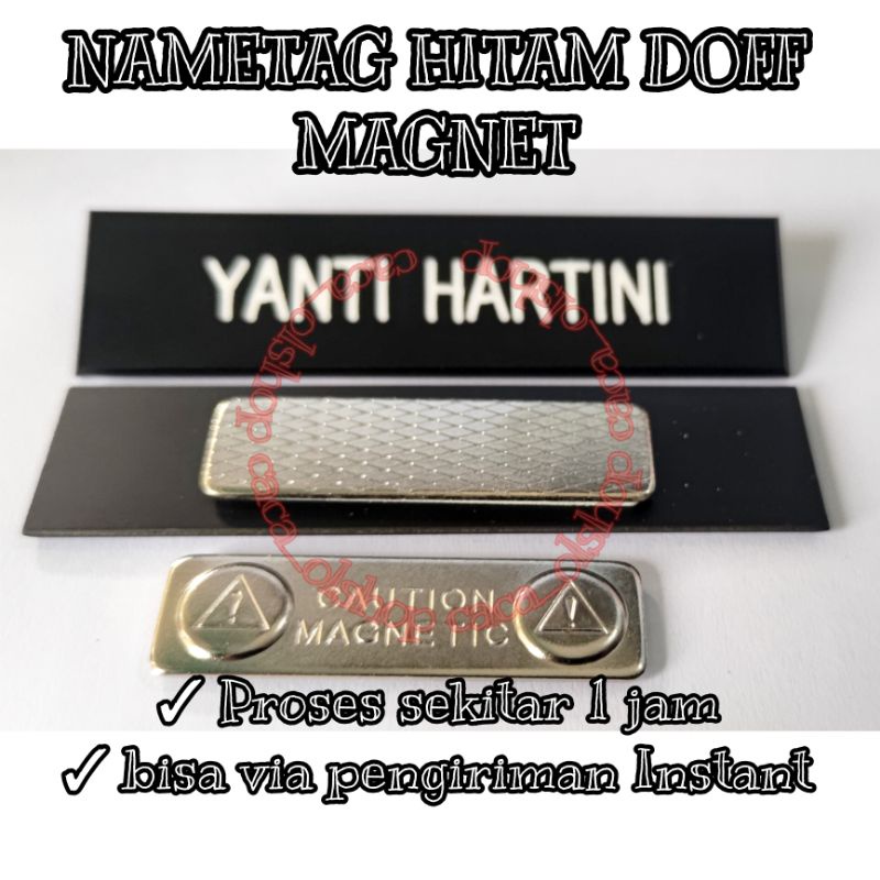 Nametag Hitam Dop Papan Nama Dada PDH PNS Akrilik Gravo Acrylic Grafir Dove Dov Peniti Paku Magnet