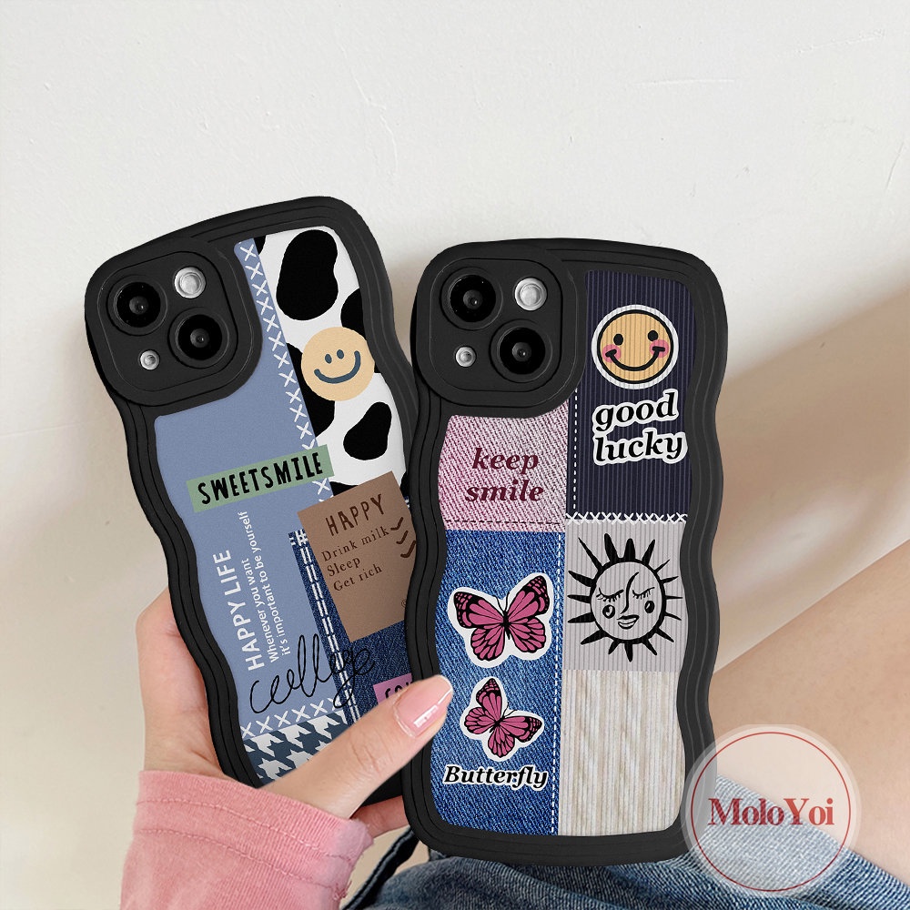 IPHONE Case Pasangan Untuk Iphone12 13 14 Pro Max 11 Pro Max6 6S 7 8 Plus XR X XS Max SE 2020 INS Fashion Lucu Manis Senyum Splicing Kupu-Kupu Art Label Tepi Bergelombang Lembut TPU Penutup Belakang