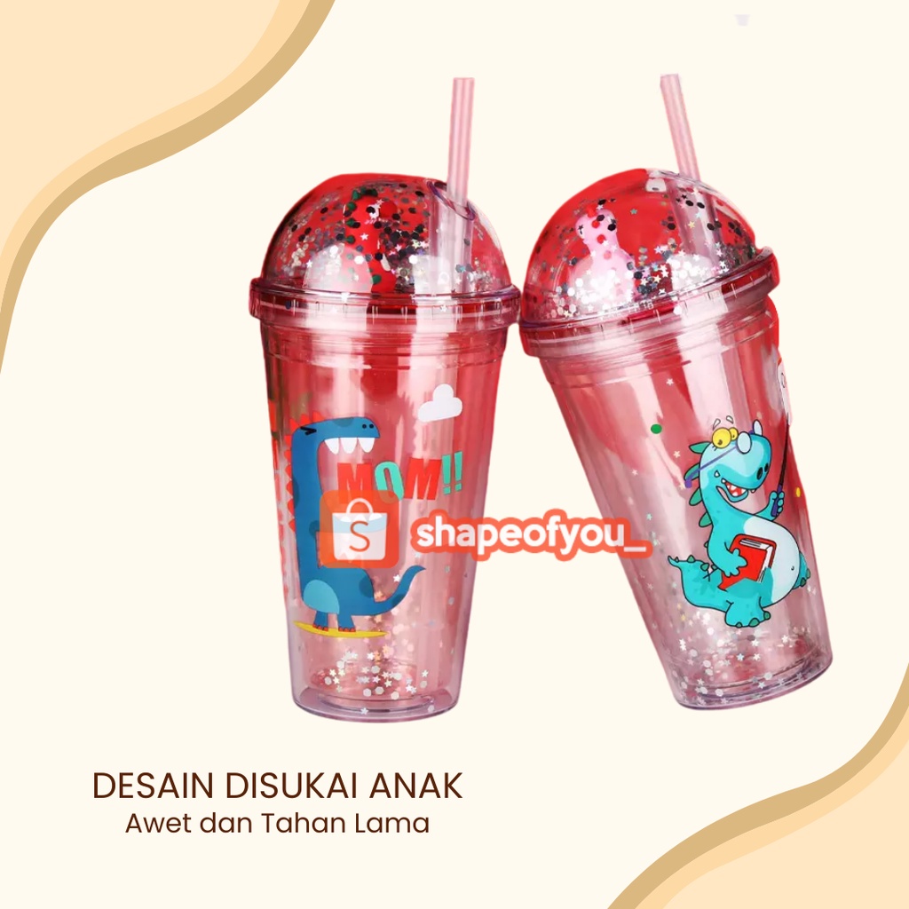 Botol minum Sedotan Tumbler Animal Dino Glitter 600ml Anti Tumpah Bpa Free