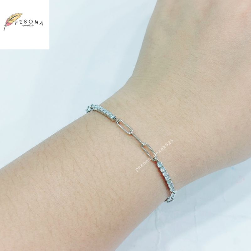 GELANG PERAK ASLI 925 LAPIS EMAS PUTIH SILVER MODEL CATENA/PAPERCLIP PERMATA