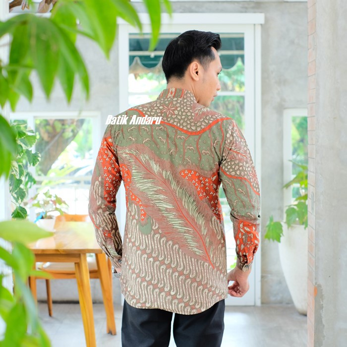 Baju Batik Pria Lengan Panjang Modern Kualitas Premium Warna Hijau Sage Orange