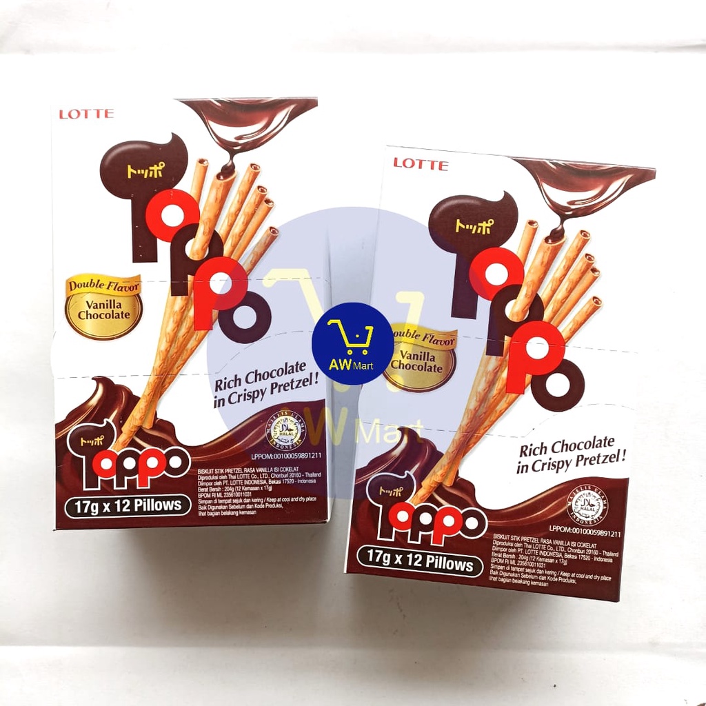 LOTTE TOPPO VANILLA CHOCOLATE BOX 204 GRAM ISI ( 12 BUNGKUS X 17 GRAM ) - BISKUIT STIK PTETZEL RASA VANILA ISI COKELAT