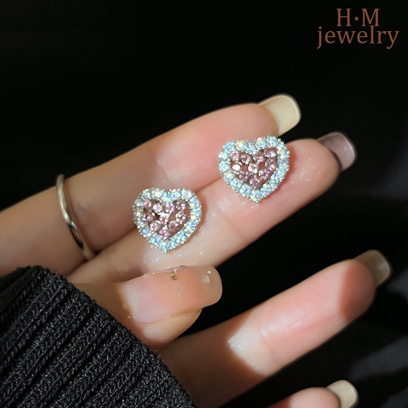 S925 Perak AAA Zircon Pink Love Heart Stud Earrings Ringan Mewah Manis2023Anting Baru