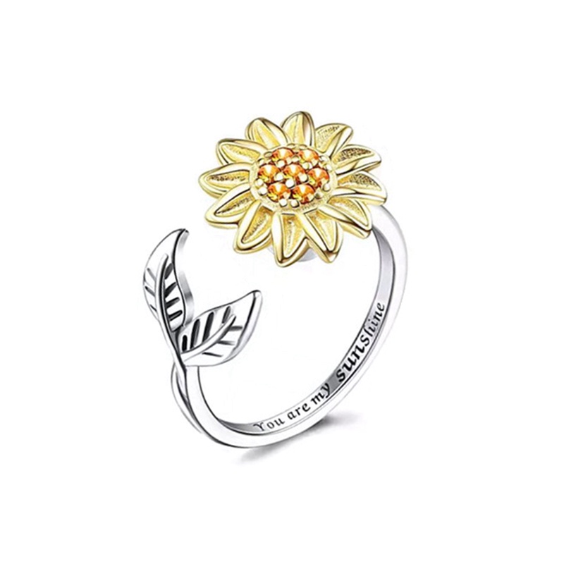 Fidget Anxiety Ring For Women Sunflower Spinner Ring Open Adjustable Fidget Rings For Anxiety Relieve Stress Cubic Zirconia Flower Moon Star Stackable Rings