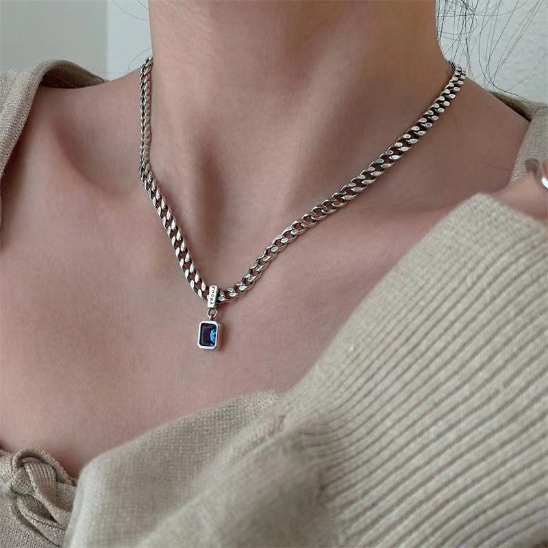 Kalung Zirkon Biru Aksesoris Retro Fashion Rantai Klavikula Sederhana Hip Hop