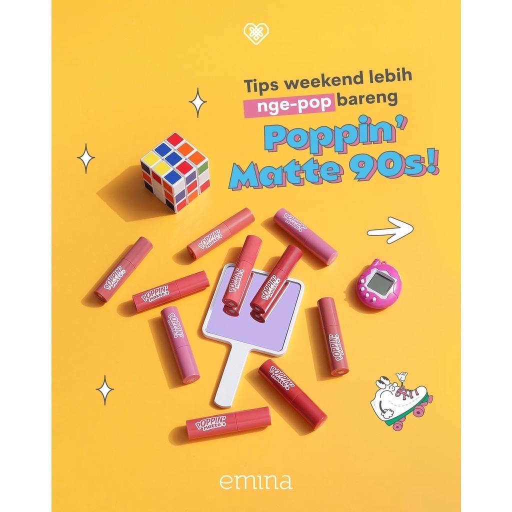 EMINA Poppin Matte The 90’s Edition Indonesia / Lip Matte 4.5g / Transferproof Long Lasting Non Sticky Light Weight Creamy / Ringan Tidak Lengket Tahan Lama Melembabkan / Lipstick Lipstik Gincu LipCream Cream Bibir  90s Cosmetic Makeup Lips Make Up Series